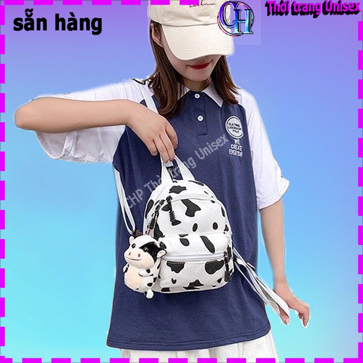 MẪU HOT  BaLô DA Mini Họa Tiết Bò Sữa Xinh Xắn Dành Cho Nữ, HỌC SINH IN HÌNH - cở 20cm