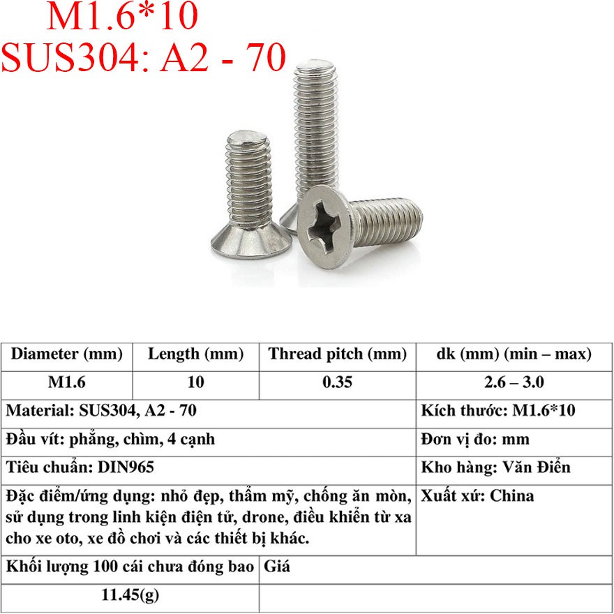 Vít chìm 4 cạnh đầu bằng M1.6. DIN 965, SUS 304 (100 cái)