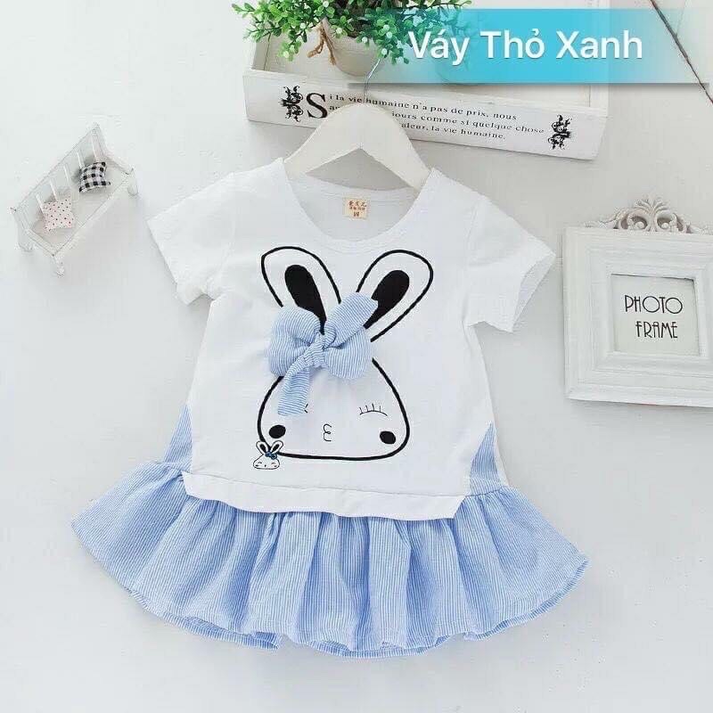 Sét áo váy in hình thỏ trắng phối nơ siêu xinh cho bé gái, chất liệu cotton thoáng mát