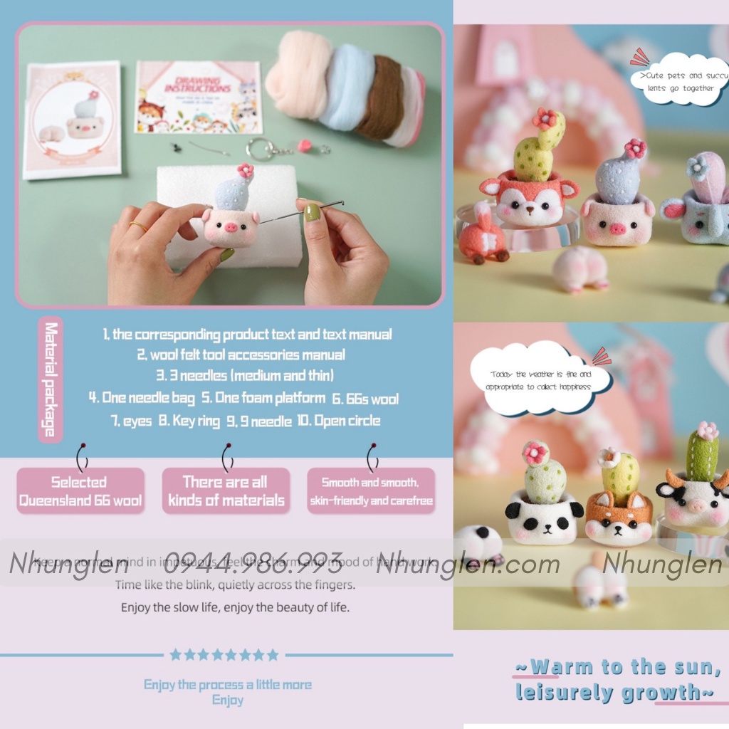 [NEW] Bộ len chọc Chậu Cây Thú Cưng 6 bé, có hướng dẫn, quà tặng handmade ý nghĩa - Needle felting Pet