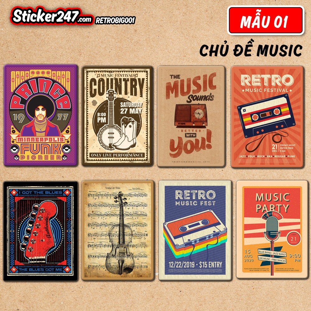 Combo 8 tấm Decal size lớn Vintage Retro 🌈𝑭𝒓𝒆𝒆𝒔𝒉𝒊𝒑 dán Decor phòng, quán cà phê, dán tường, dán kính trang trí