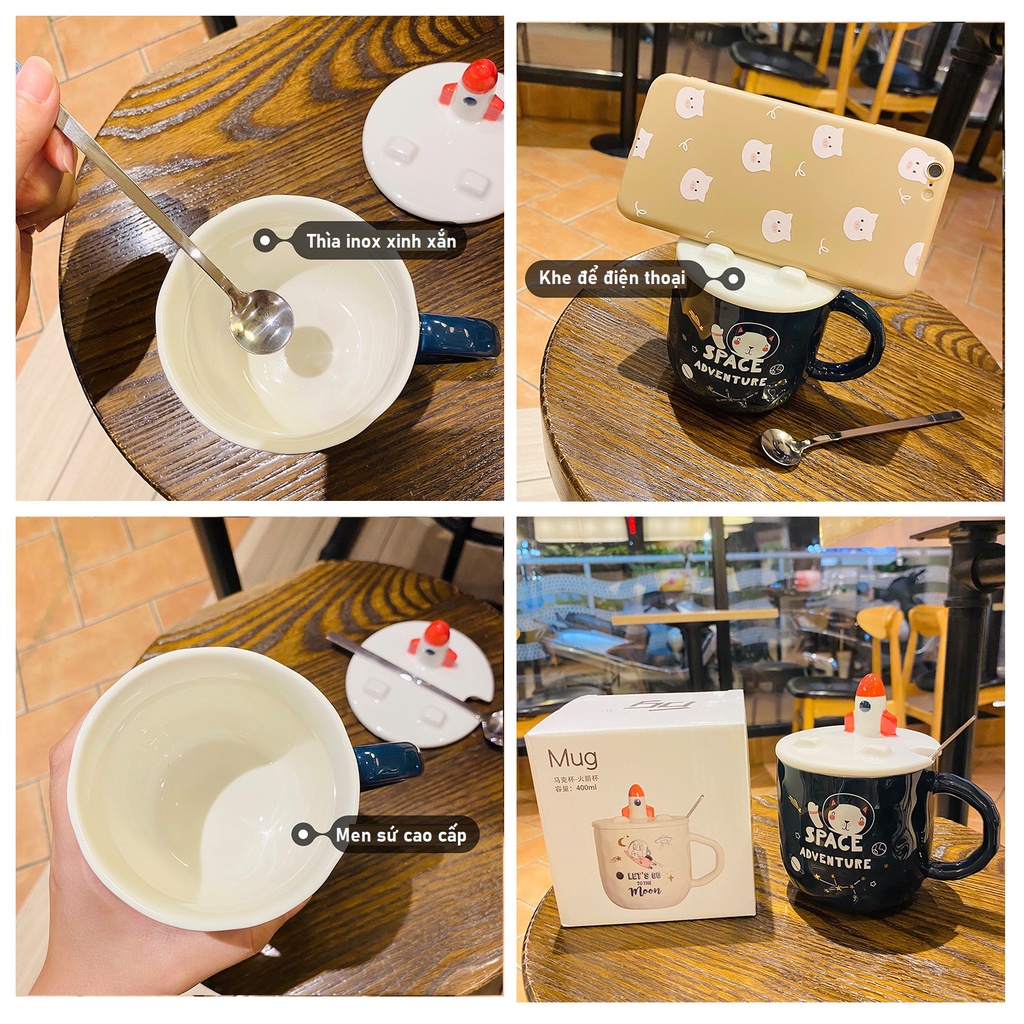 [HOT] Cốc sứ du hành vụ trụ có tặng kèm thìa inox 400ml