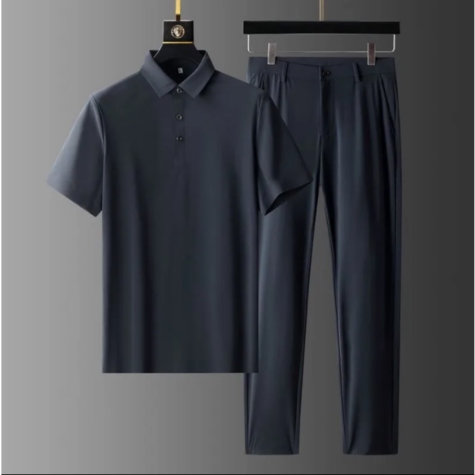 Bộ quần áo ngắn tay hai món bằng lụa mát chống nhăn có mũ trùm thời trang thể thao mùa hè cho nam