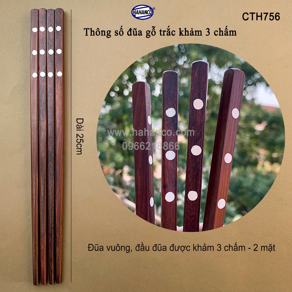 Đũa Gỗ Trắc Khảm 3 Chấm HAHANCO (10 Đôi/ Hộp) Kháng Khuẩn Siêu Sạch - CTH756