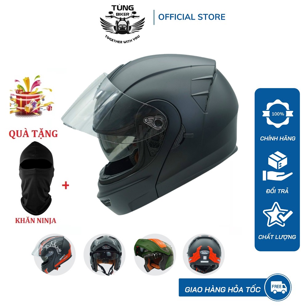 Mũ Bảo Hiểm Fullface Lật Hàm GRO 2 Lớp Kính - BH Chính Hãng 12 Tháng (Tặng Khăn Trùm Ninja)