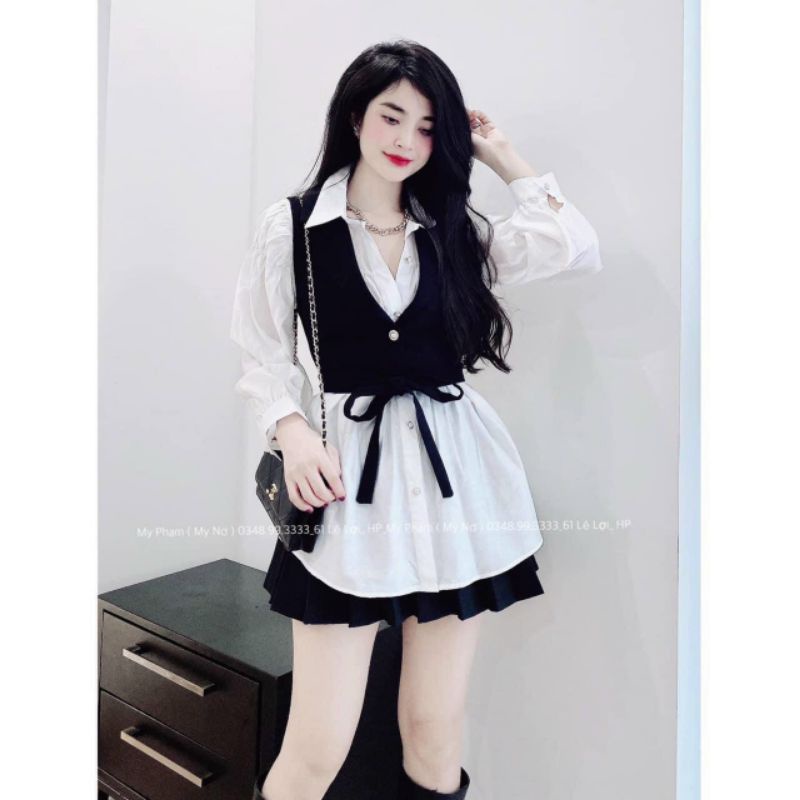 Sét 3 món sơ mi lụa chun tay phồng mix với chân váy xếp ly.
