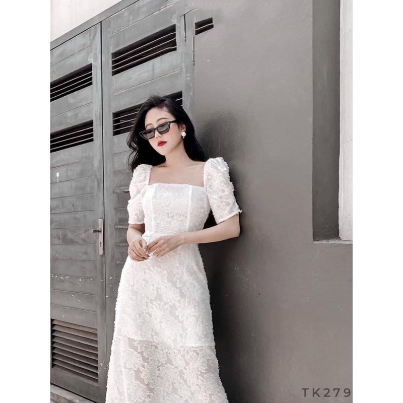Đầm nữ ren trắng voan thêu dự tiệc - Váy ren thiết kế lông vũ ôm body dáng dài 2 lớp