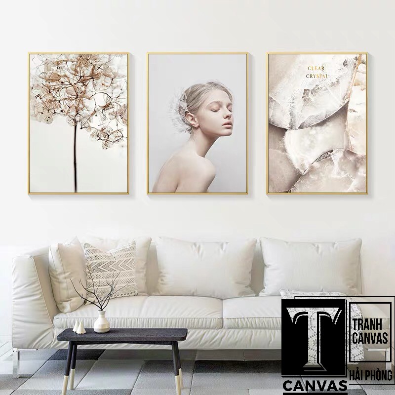 (Giá Xưởng) Tranh Canvas treo tường phòng khách, tranh hiện đại nghệ thuật tông trắng, tranh cô gái (không khung)