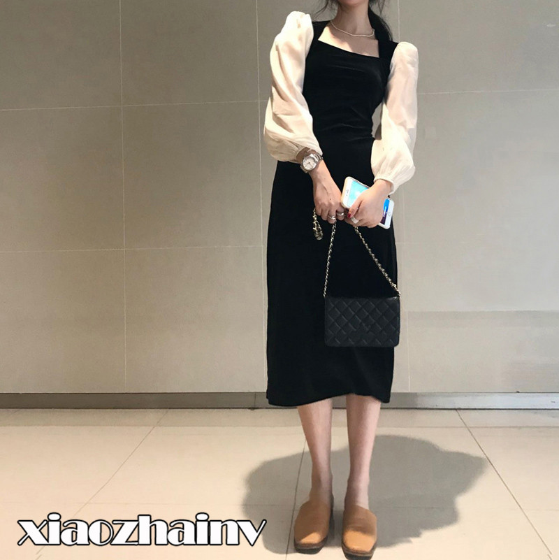 Váy Xiaozhainv cổ vuông tay dài phong cách Hàn Quốc thanh lịch cho nữ | BigBuy360 - bigbuy360.vn