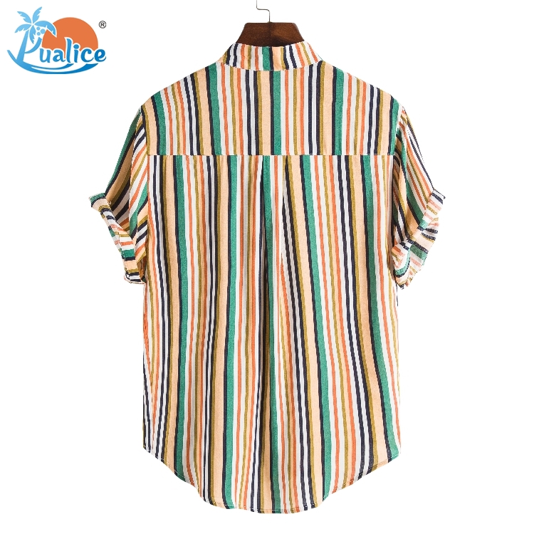 Men Shirt Short Sleeve Striped Button Up Shirt Summer Casual Blouse Tee Tops