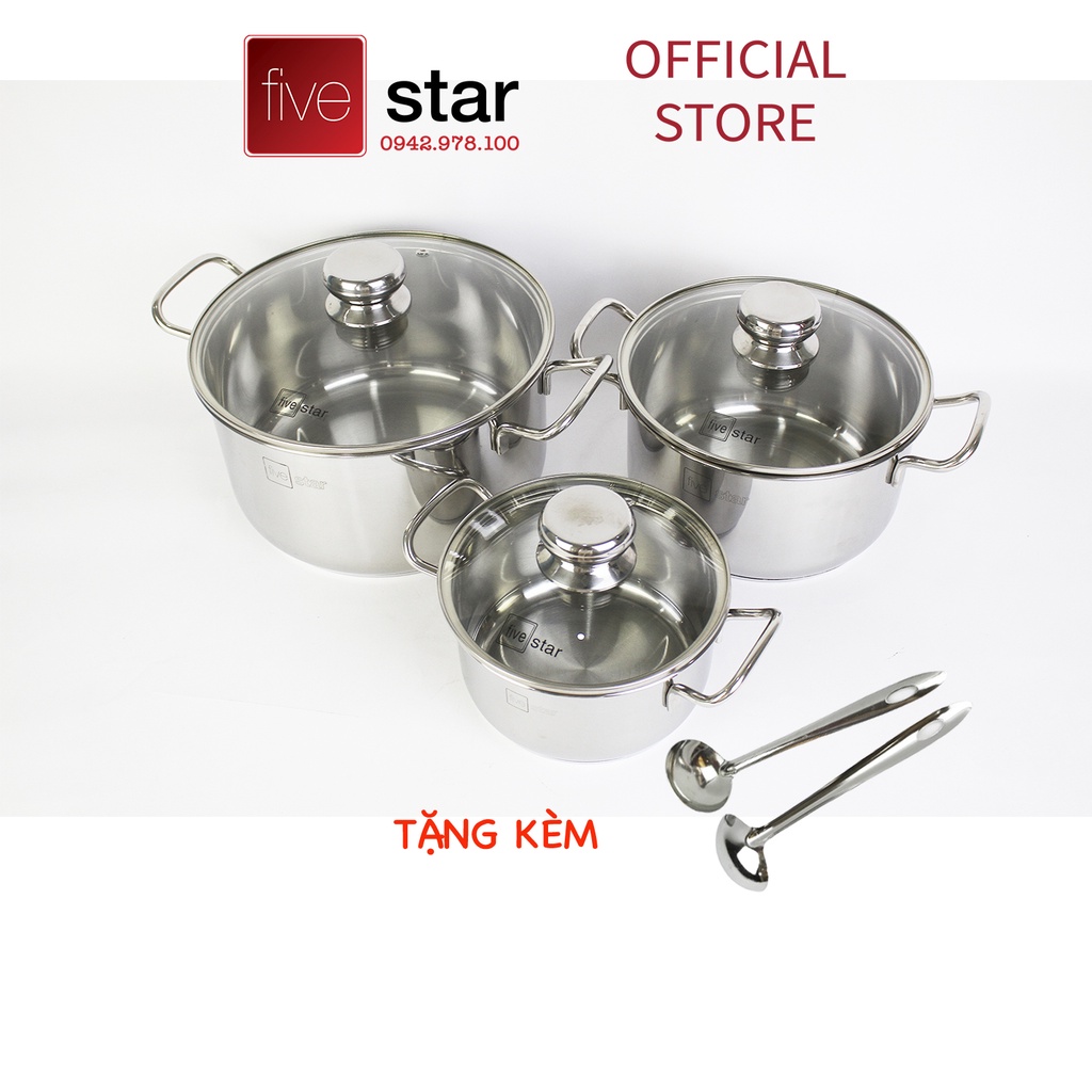 Bộ nồi inox 430 Fivestar Standard 3 đáy bếp từ nắp kính FS06CG tặng 2 muỗng canh( 1 nồi 16cm x 1 nồi 20cm x 1 nồi 24cm )