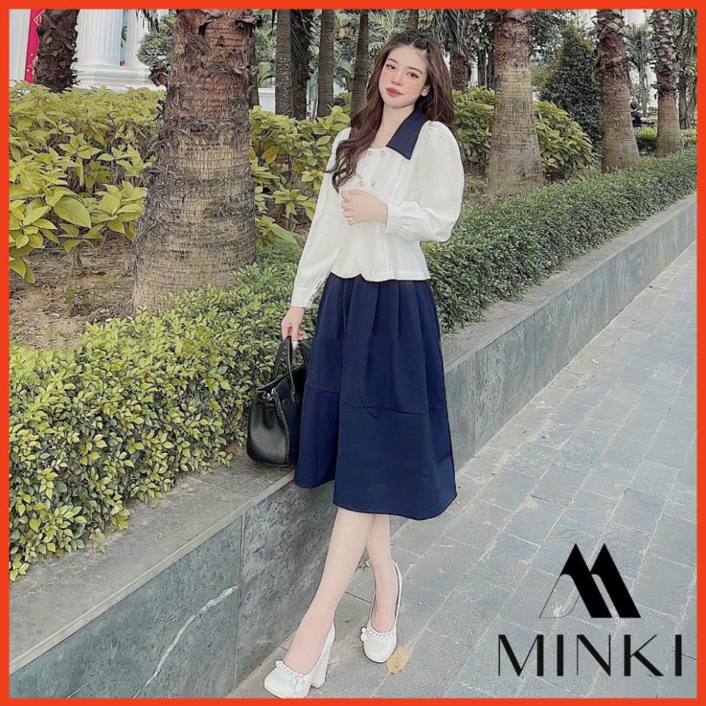 [HOT_FASHION] SET SƠ MI CÚC CHÂN VÁY XANH THAN CỔ ĐIỂN - CHẤT LIỆU CAO CẤP - PHỐI MÀU TRẮNG VÀ XANH ĐEN | BigBuy360 - bigbuy360.vn