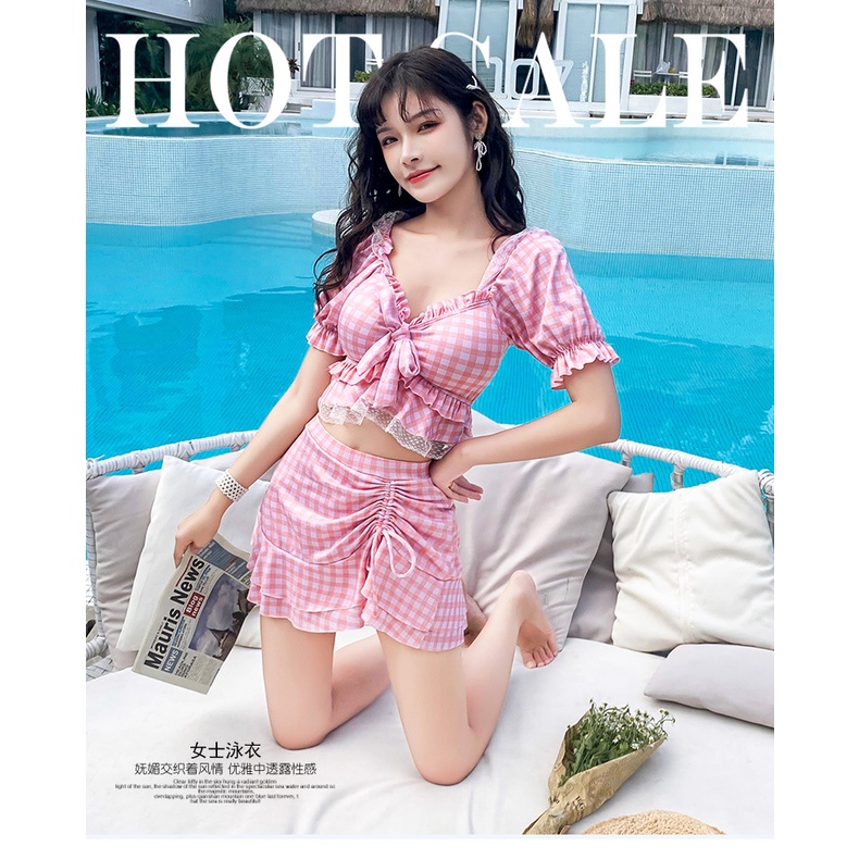 Bộ đồ bơi nữ bikini croptop caro hồng phối ren siêu xinh tôn dáng năng động