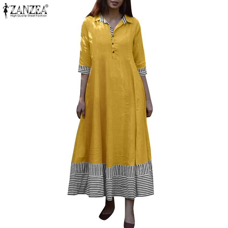 Đầm maxi ZANZEA tay lửng kẻ sọc cổ bẻ dáng rộng thời trang cho nữ