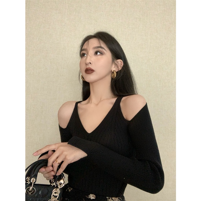 QKOOLE  Áo crop top Nữ Tay Dài Trễ Vai Quyến Rũ