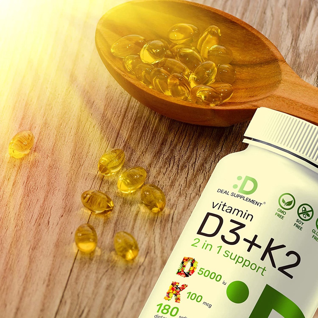 Deal Supplement Vitamin D3 5000IU K2 MK7 100MCG - Viên uống D3 K2 hỗ trợ chắc khỏe xương, cải thiện tim mạch 180 viên