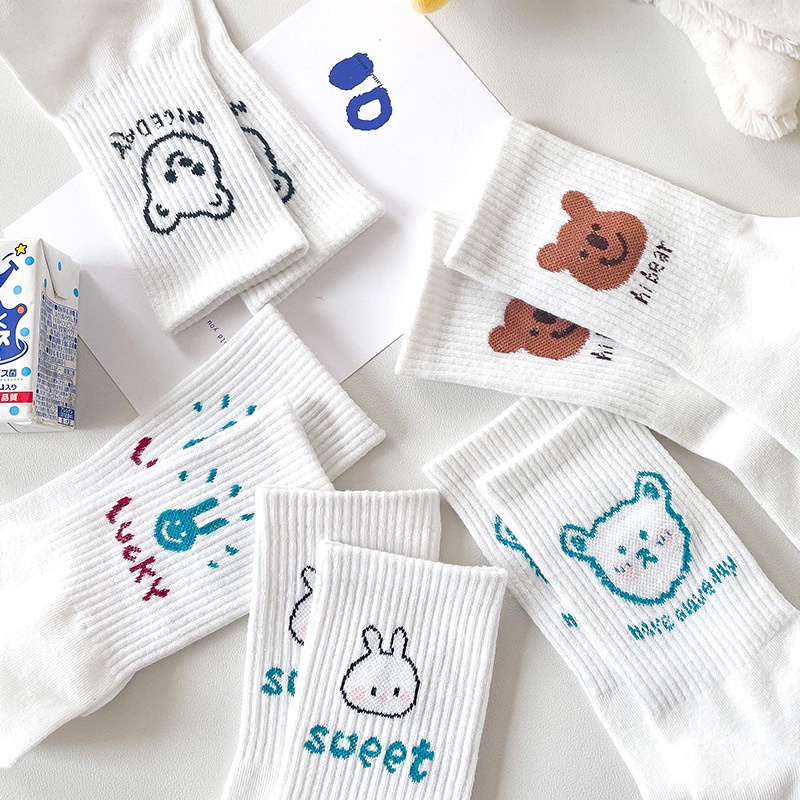 Set 10 Đôi Tất Nữ Cao Cổ Hàn Quốc Họa Tiết Gấu Cute Dễ Thương Vớ Nữ Trắng Sỉ Giá Rẻ Chất Dày Dặn Vải TVSHUNA1