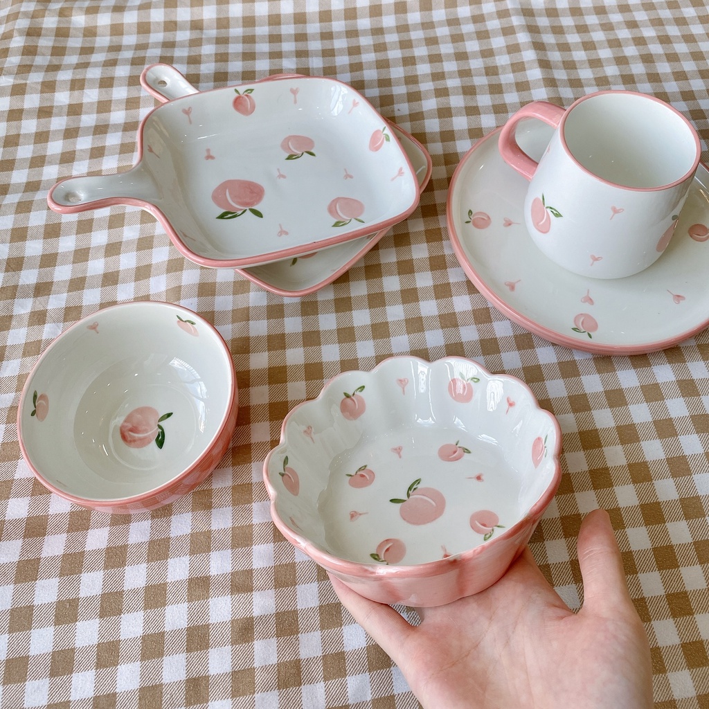 Tách lẻ bộ đồ bàn ăn bằng sứ style Hàn Quốc hoạ tiết quả đào (khách mua cả set xin liên hệ để nhận giá ưu đãi)