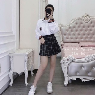 Set sơ mi hàn kèm chân váy dập ly { kèm video }