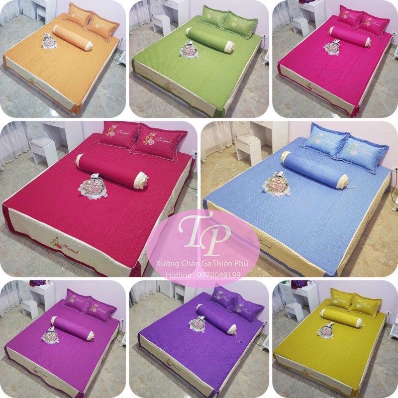 Bộ Ga Phủ + 2 Vỏ Gối Đầu Cotton Satin Thêu Hoa Trần Bông Dày Dặn Đủ Size 1m6/1m8/2m2