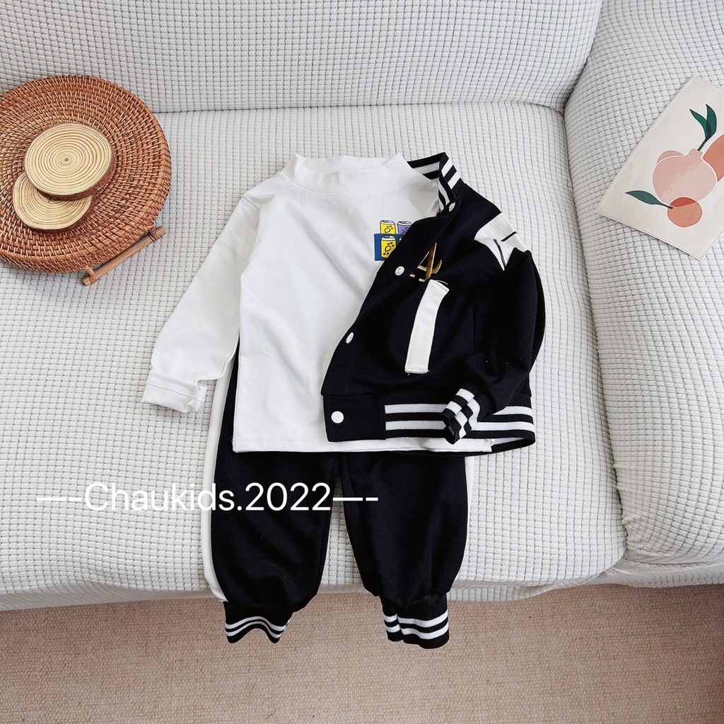 Set Bộ Quần Áo Thu Đông Bé Trai, Áo Khoác Bomber Kèm Quần Sọc Cá Tính Và Áo Cotton Dài Tay Cổ 3 Phân Cho Bé Trai-CKTD21