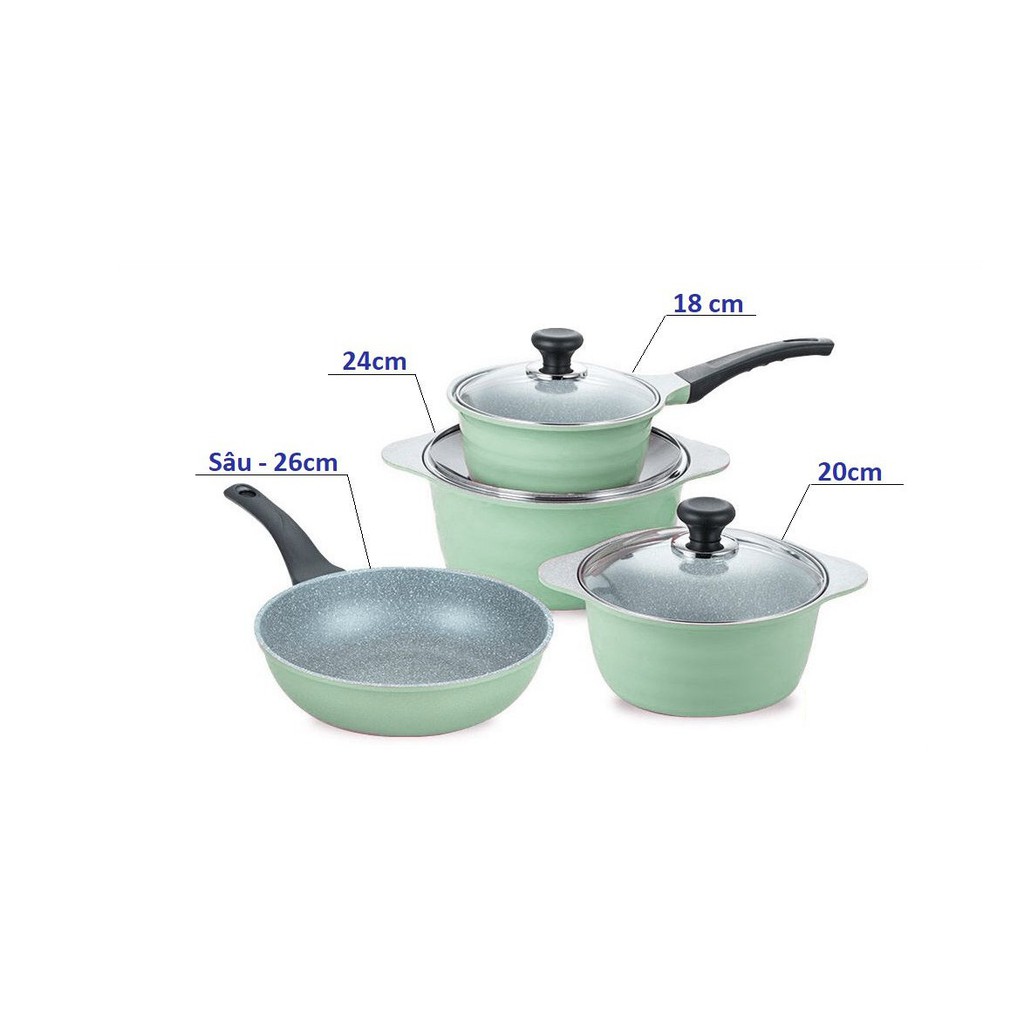 Bộ 4 nồi chảo ECORAMIC SKY POT bếp ga điện chống dính size 18 20 24 26 cm tặng 2 nhắc nồi sillicon và thớt inox foodcom