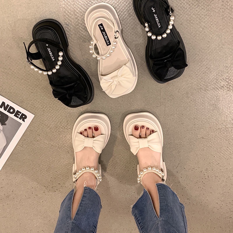 Giày Sandal Đế Dày Chống Trượt Đính Nơ Và Ngọc Trai Thời Trang Mùa Hè Cho Nữ