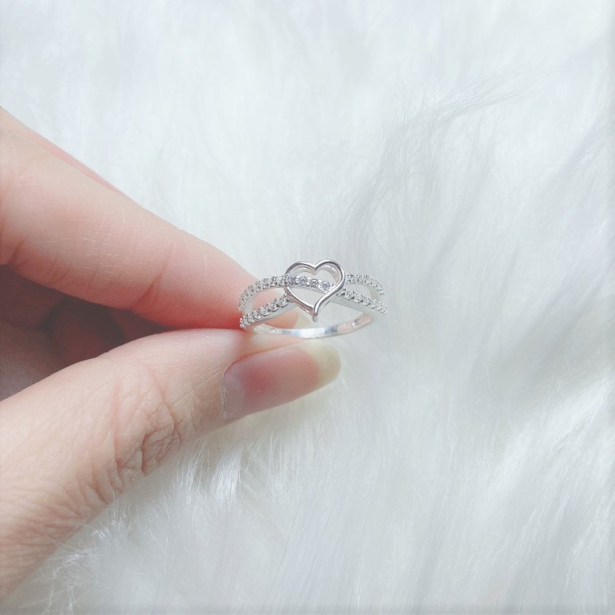 Nhẫn bạc nữ 2 hàng đá đan chéo mặt trái tim, chất liệu bạc ta cao cấp - Trang sức bạc Evasilver