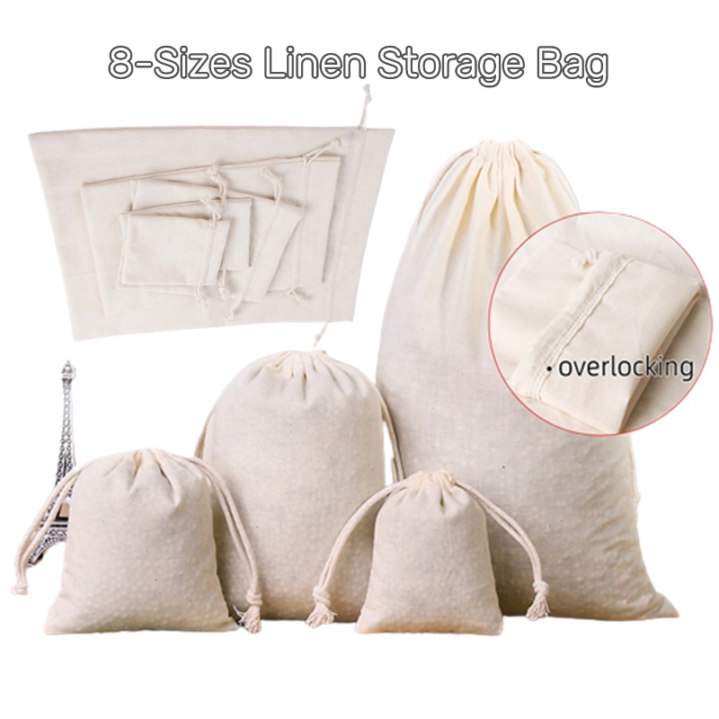 1 Túi Dây Rút Vải Lanh Cotton Trắng Dày 8 Kích Cỡ Đựng Thực Phẩm Đa Năng Cho Gia Đình