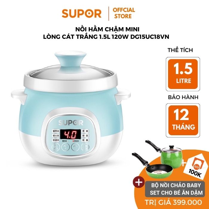 NỒI HẦM CHẬM ĐA NĂNG CHO BÉ VUNG KÍNH GỐM SỨ 1.5 L Supor DG15YC18 vung kính hàng chính hãng bảo hành 12 tháng