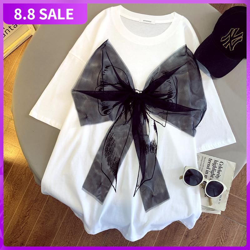 Áo thun ngắn tay dáng rộng đính nơ phong cách Hàn Quốc thời trang hè xinh xắn cho nữ