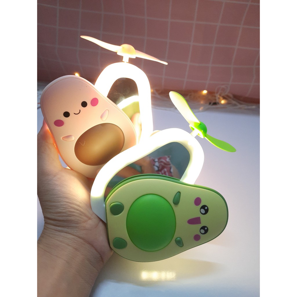 Quạt cầm tay mini hình heo 3in1 có đèn kèm gương soi siêu cute