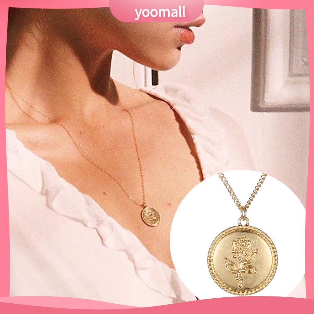 Dây chuyền mặt tròn khắc hình hoa hồng thời trang cổ điển