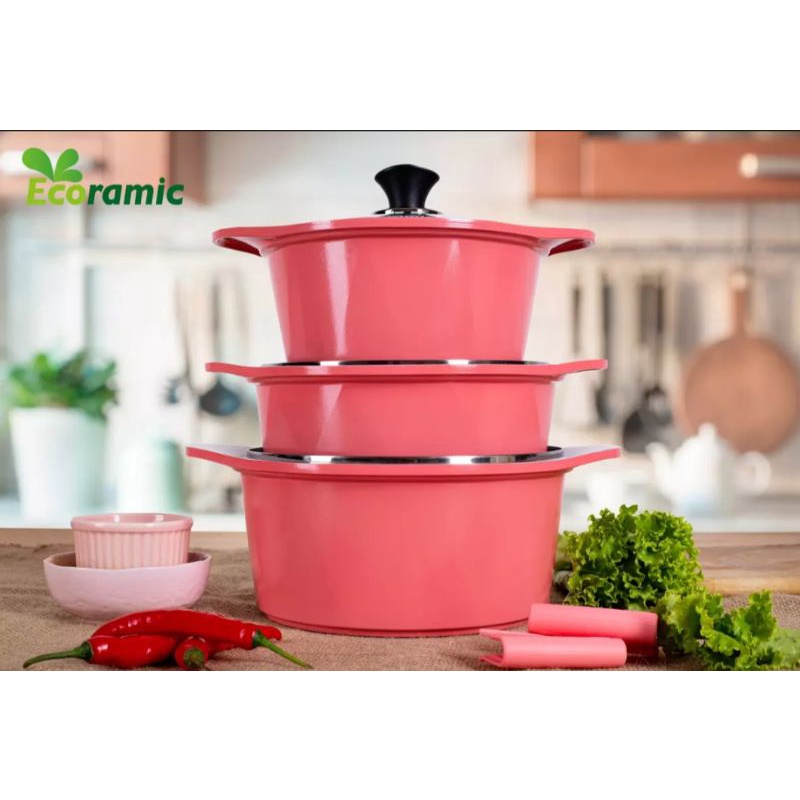 BỘ 3 NỒI ECORAMIC HỒNG - XANH KÍCH THƯỚC 20CM, 22CM, 24CM SÀI TRÊN MỌI LOẠI BẾP /TẶNG KÈM 1 CẶP NHẤC NỒI SILICON