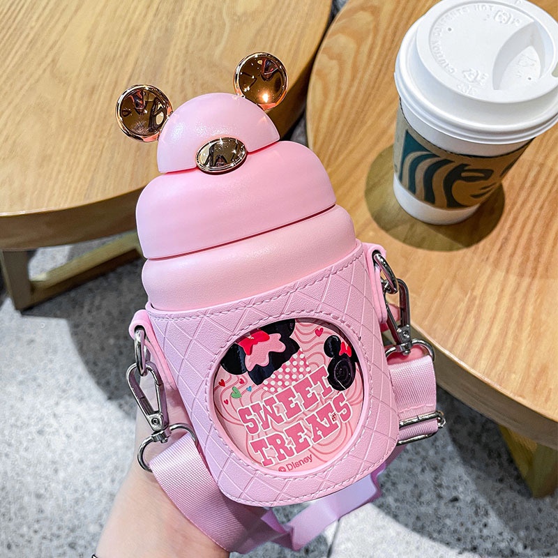 Bình nước giữ nhiệt SWEET TREATS tai chuột Mickey kèm bao da chất liệu 316 không gỉ dùng hàng ngày,mang đi học đi làm