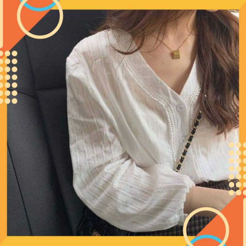 Áo sơ mi nữ 🍁 VINTAGE 🍁 áo kiểu đũi ren cổ viền hạt cổ tim tay bo chun