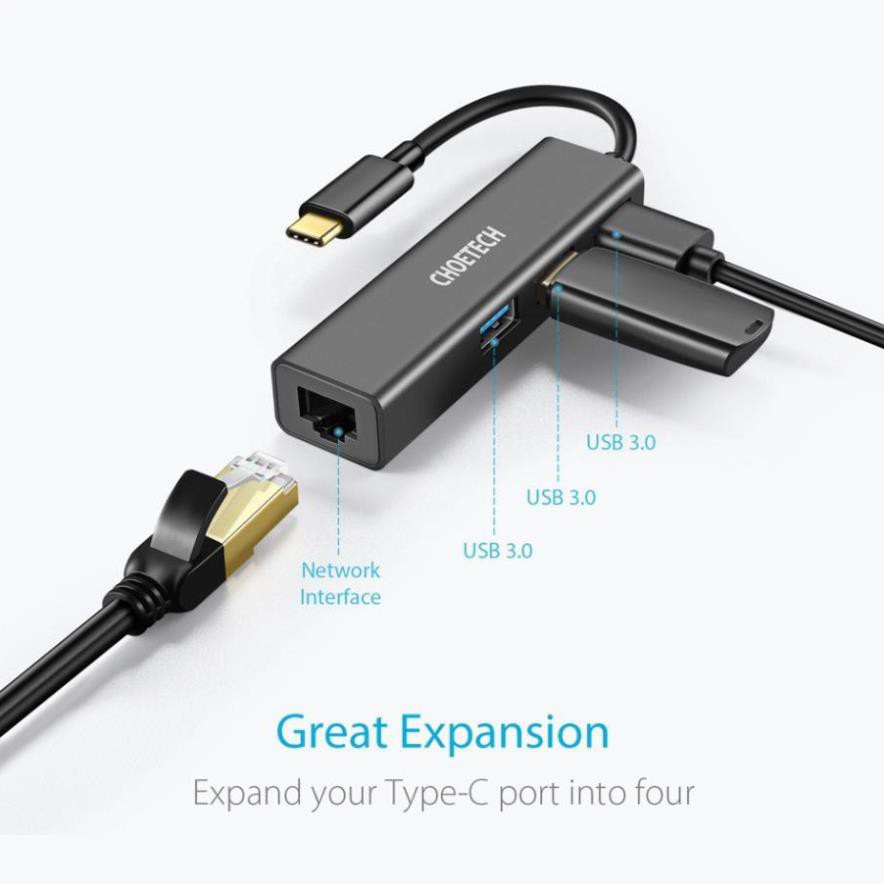 Hub Adapter chuyển đổi 4 in 1 Type-C ra 3 cổng USB 3.0 & cổng LAN RJ45 hiệu CHOETECH U02BK - Hàng chính hãng