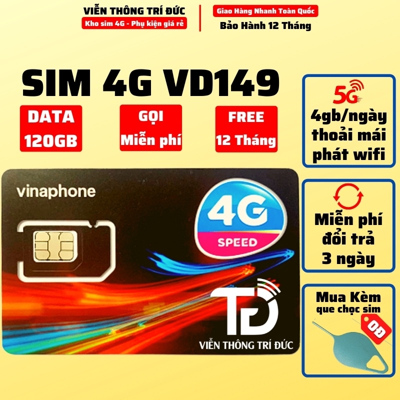 Sim 4G Vinaphone VD149 Data 120Gb, VD89/Fhappy 60Gb/tháng,Gọi Free. U1500 Max Băng Thông 500Gb/Th. D500/D500T, 5Gb/Tháng