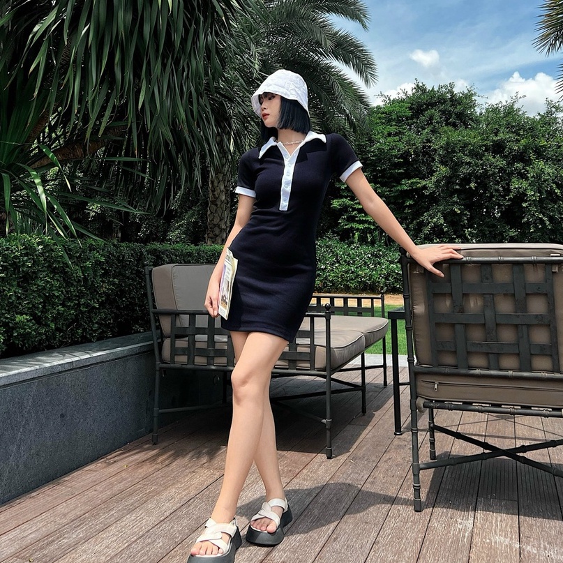 Đầm body thun ôm dáng TOPTIFY tay ngắn cổ Polo viền phối giãn New Chapter Dress DT16
