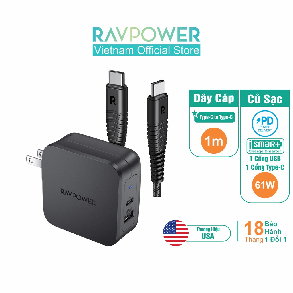 Combo RAVPower Củ Sạc Điện Thoại USB Type-C 61W RP-PC105 + Dây Cáp Sạc Type C to Type C RP-CB047 - Hàng Chính Hãng