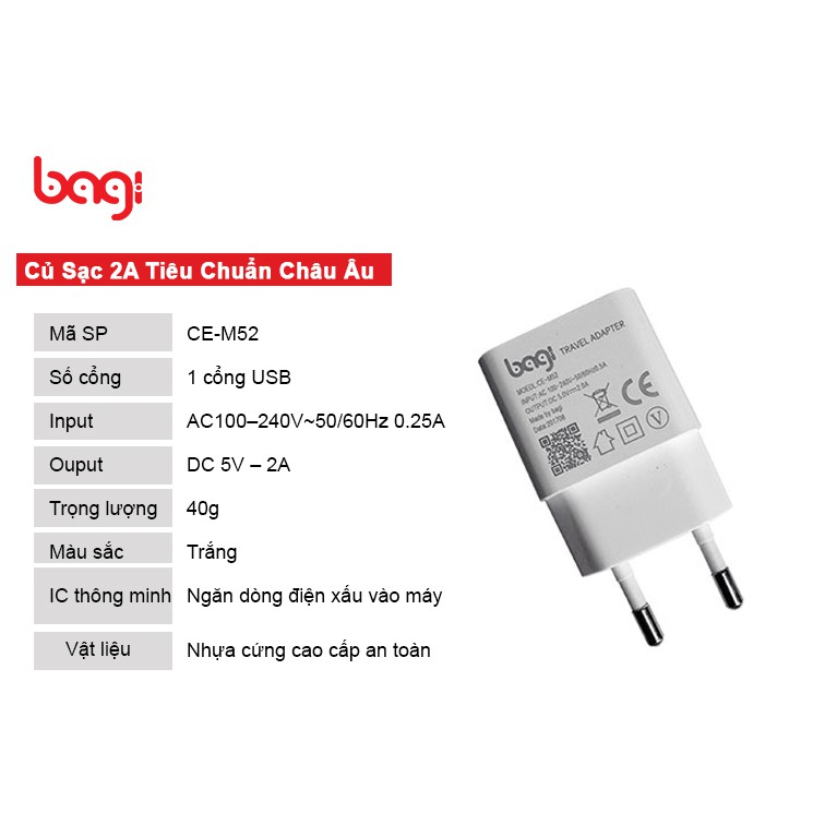 [SỐC] Củ sạc 5V-2A Bagi ( có chứng chỉ CE châu âu) CE-M52