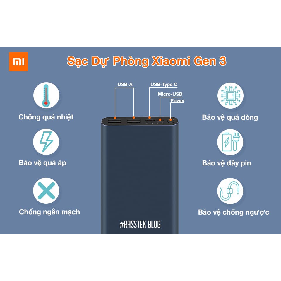 Sạc dự phòng Xiaomi Gen 3, Pin dự phòng sạc nhanh dung lượng 10000mAh chính hãng XIAOMI vỏ nhôm nguyên khối