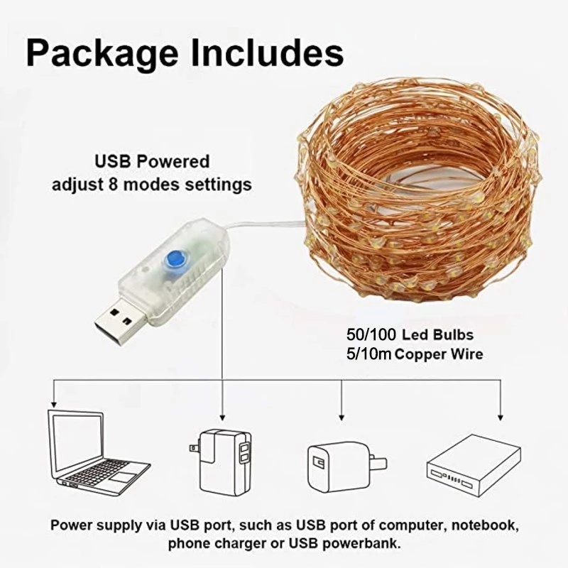Đèn LED USB 50/100 bóng dây đồng dài 5/10M có 8 chế độ trang trí cho tiệc giáng sinh/đám cưới