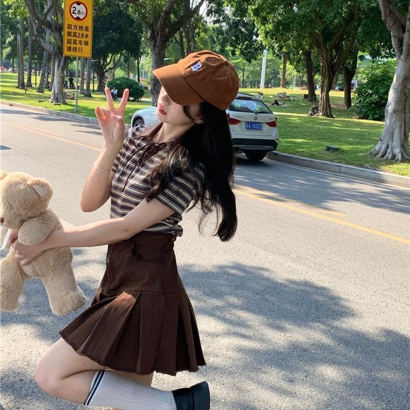 AMOI Set Áo Sơ Mi Kẻ Sọc + Chân Váy Xếp Ly Thời Trang Nữ Tính