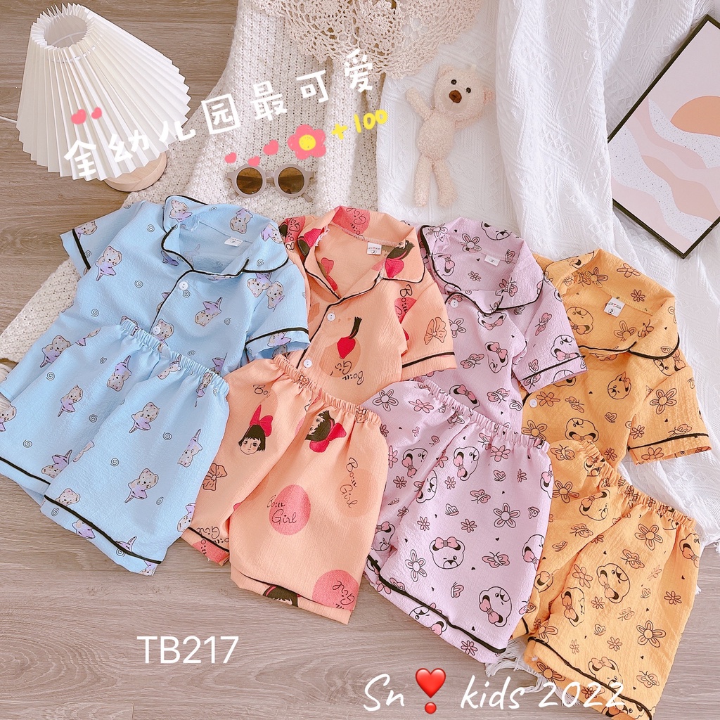 Bộ pijama cộc tay mặc nhà cho bé gái vải đũi xốp thoáng mát, mềm mại size từ 10 đến 20 kg