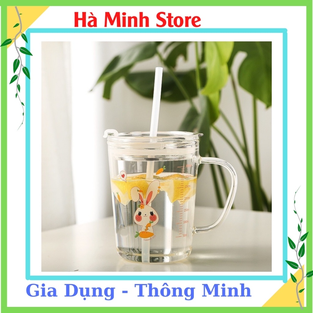 Cốc Thủy Tinh Chia Vạch, Cốc Pha Sữa, Ly Thủy Tinh Chia Vạch, Cốc Uống Nước Cho Bé Có Ông Hút, Nấp Đậy Hà Minh Store