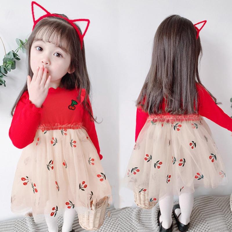 Đầm lưới dài tay in họa tiết trái cherry xinh xắn dành cho bé gái