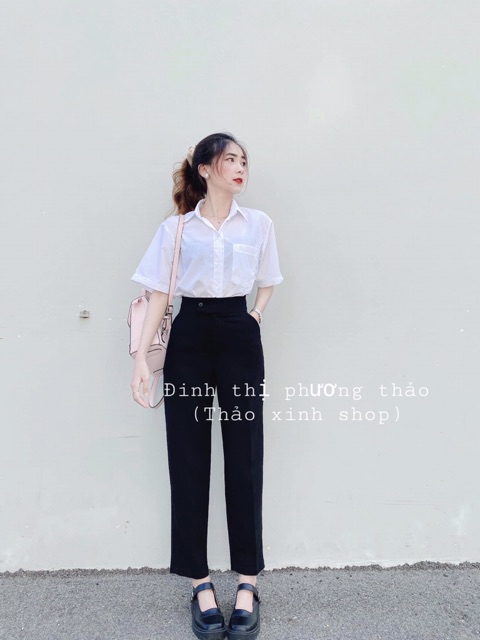 Áo sơmi trắng Oversize trơn tà ngang rộng, túi form vừa tay ngắn (ảnh thật) | BigBuy360 - bigbuy360.vn