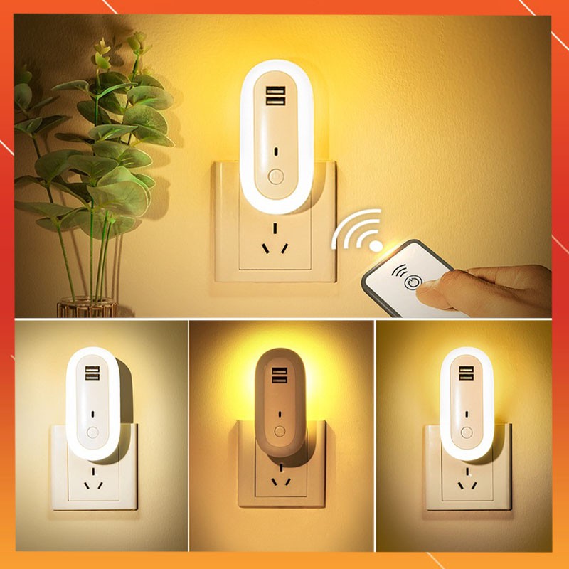 Đèn Ngủ Thông Minh ,Đèn Ngủ Oval, - 10 Cấp Độ Sáng - Điều Khiển Từ Xa Qua Remote, Hẹn Giờ - Có Cổng Sạc Kép USB 5v/2A