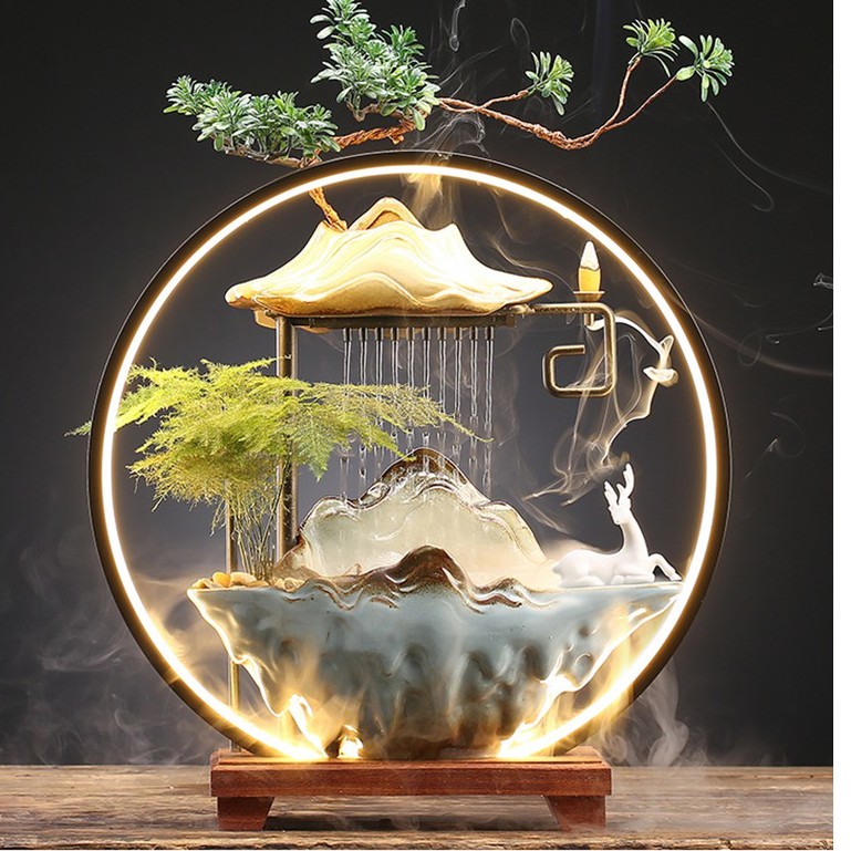 Tiểu cảnh thác nước cao cấp, đài thưởng trầm tài lộc phong thủy - Đài phun nước có đèn LED trang trí